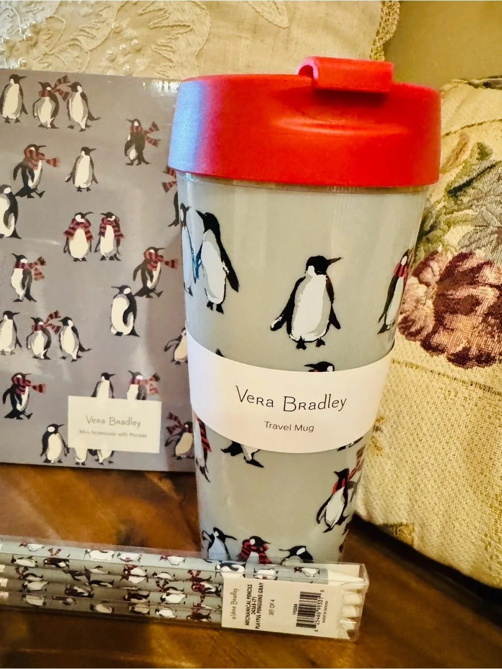 New! Vera Bradley Penguin Travel Mug, Notebook and Pencil Set